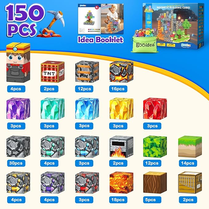 Gooidea Magnetic Blocks -150 Magnetic Building Blocks STEM Toy, Stacking Mine Magnet World Craft Cubes for Kids, Game Gift for Boys Girls Age 3-5 5-7 4-8 8-12