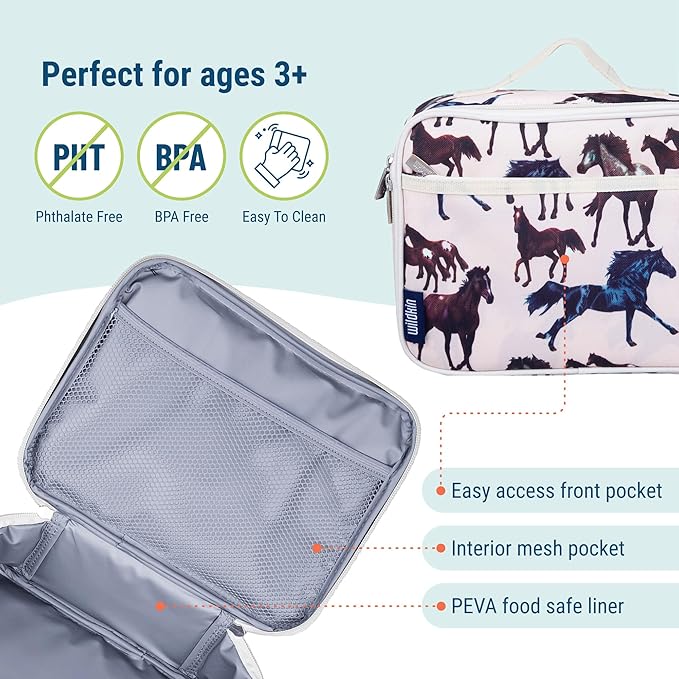 Wildkin Kids Insulated Lunch Box Bag for Boys & Girls, Reusable Kids Lunch Box is Perfect for Early Elementary Daycare School Travel (Horse Dreams)