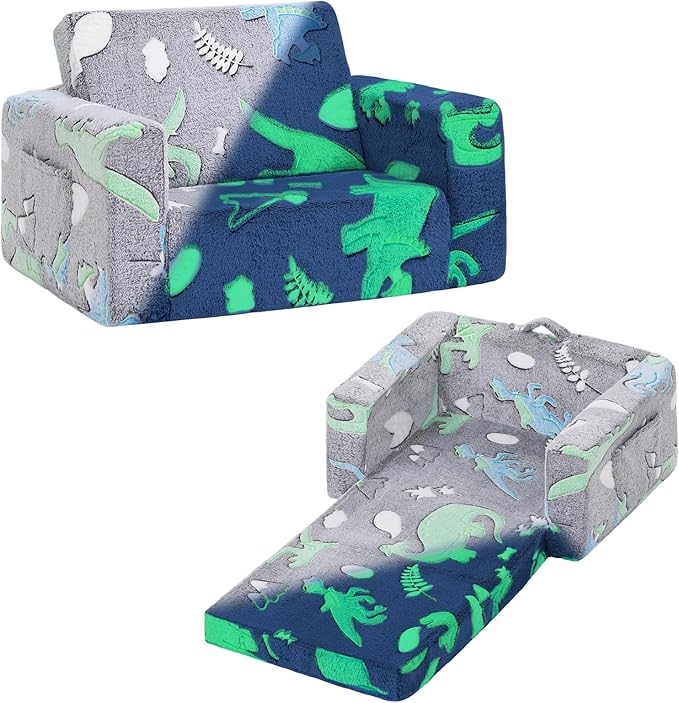 Tiita Kids Sofa, 2-in-1 Kids Sofa Chair, Convertible Toddler Couch to Lounger, Flip Out Baby Sofa Chair, Toddler Armrest Chair Bed, Folding Kids Play Sofa for Girl or Boy(Dark Grey Dinosaur)