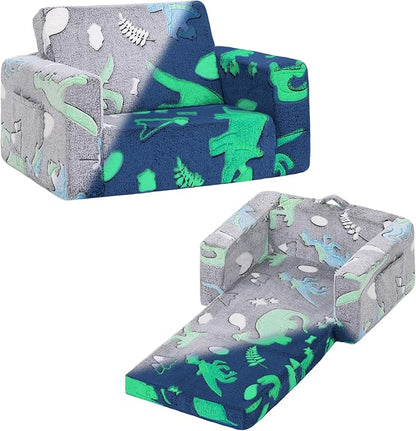 Tiita Kids Sofa, 2-in-1 Kids Sofa Chair, Convertible Toddler Couch to Lounger, Flip Out Baby Sofa Chair, Toddler Armrest Chair Bed, Folding Kids Play Sofa for Girl or Boy(Dark Grey Dinosaur)