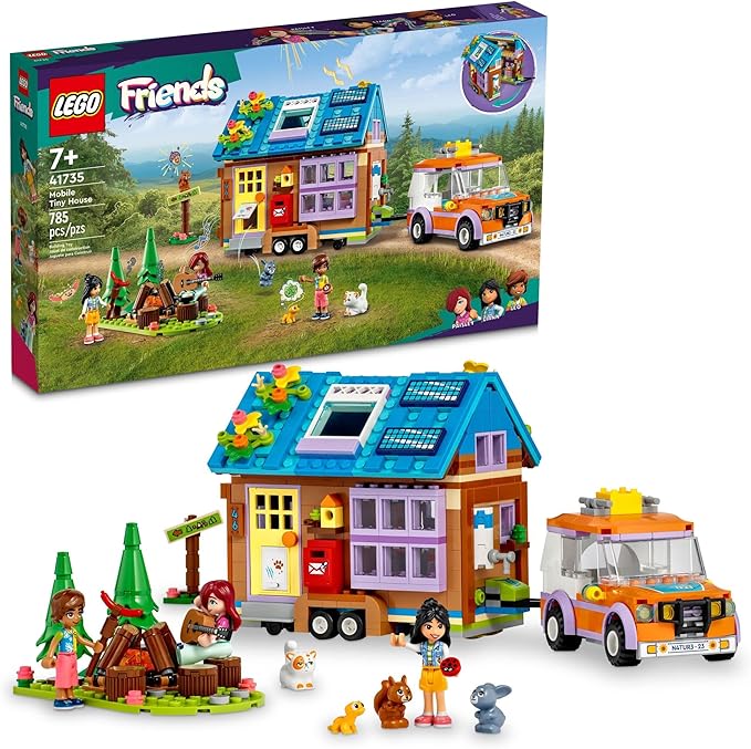LEGO Friends Mobile Tiny House 41735, Forest Camping Dollhouse Pretend Play Set with Toy Car to Enjoy The Great Outdoors, Includes Leo & Liann Friendship Mini-Dolls, Gift Idea for Kids 7 Plus