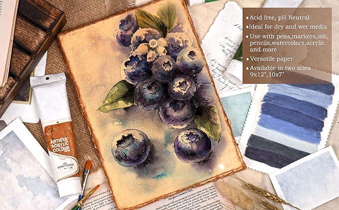LEATHER VILLAGE Watercolor Paper - 9.5 X 12 inches, 50 Sheets - Mixed Media Watercolor Paper - 150 GSM Thick Deckle Edge Virgin Cotton Handmade Paper - Vintage Toned