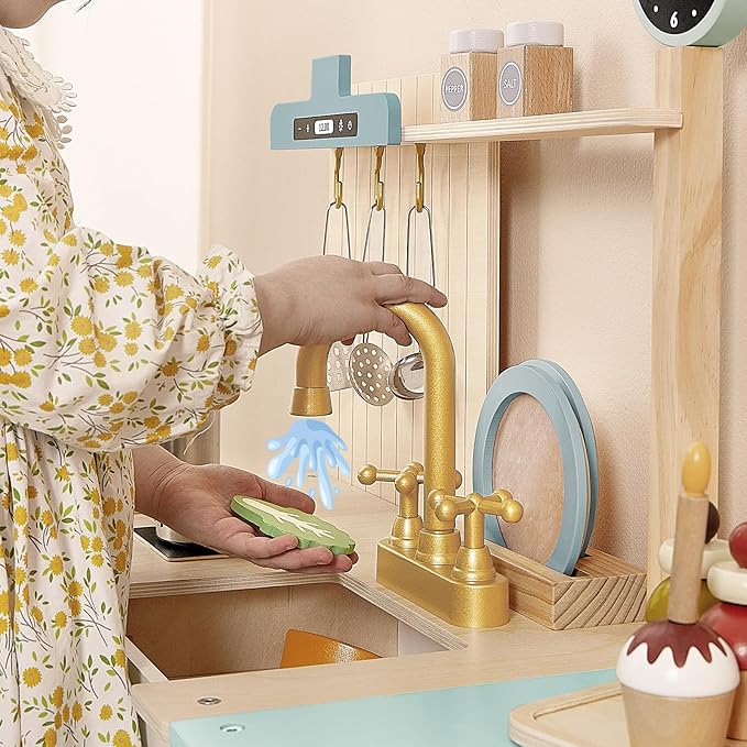 Play Kitchen for Kids, Wooden Toy Play Kitchen Chef Pretend Play Set for Toddlers with Stove, Oven, Utensils and Sink, Toys Kitchen with Cookware Accessories for 3+ Year Old Girls & Boys