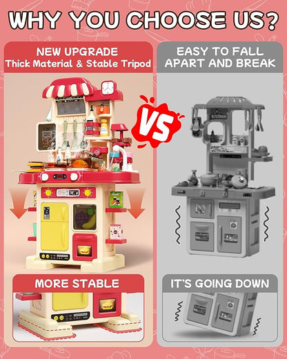 49Pcs Kitchen Playset for Boys & Girls, Kid Play Kitchen with Realistic Lights & Sounds, Spray Sink Toy Kitchen Accessories, Pretend Food Toys Kitchen for Toddlers(Red)