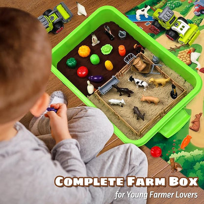 Aprilwolf 69 PCS Farm Sensory Bin Toys Playset, Sandboxes with Sand, Farmer Tractor & Farm Animals Figures Toys for Kids 3 4 5, Gifts for 6 7 Years Old Boys Girls Toddlers