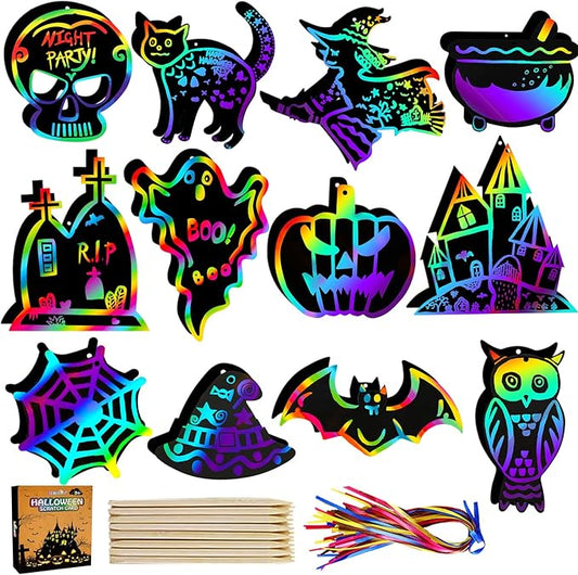 Max Fun Halloween Crafts Scratch Off Art Paper Cards 48Pack, Magic Rainbow Ornaments Hanging Supplies Educational Toys Kit Halloween Party Games Favor
