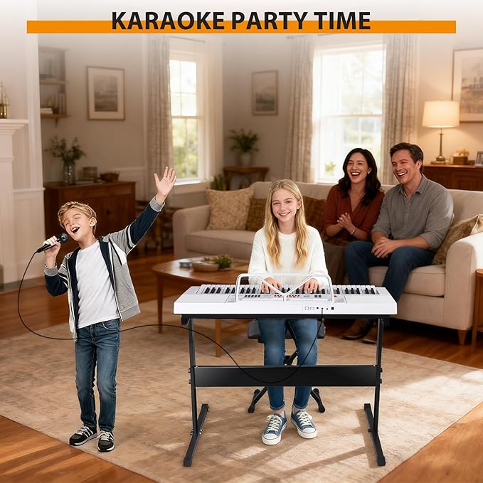 Smartxchoices 61-Key Electronic Keyboard Piano Stand Portable LED Display Keyboard Kit with Adjustable Stand, Adjustable Stool, Headphones, Microphone & Music Rest, White
