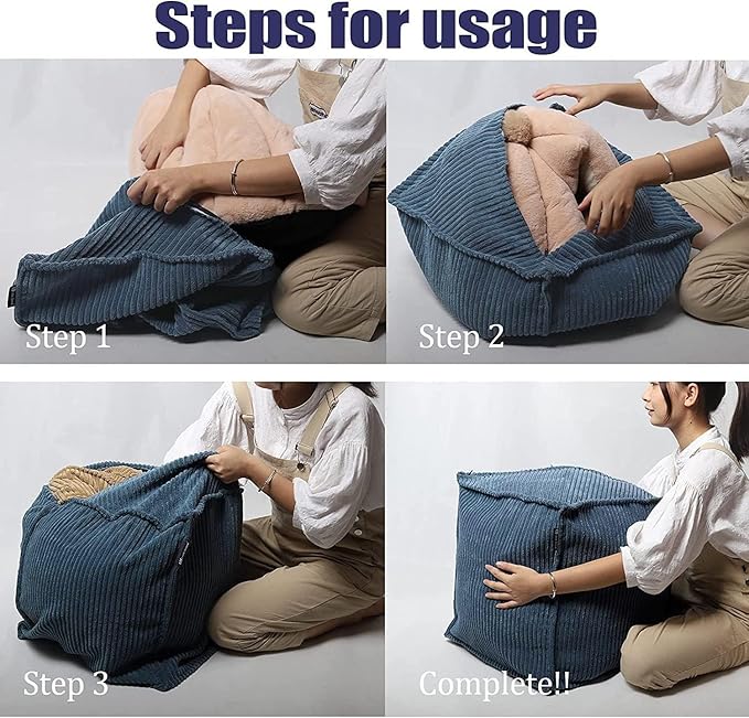 Louis Donné Unstuffed Pouf Ottoman Square Stylish Storage Empty Footrest Pouf Cover for Organizing and Decluttering Extra Clothes Blankets and Kids' Toys Greyish Blue (Only Cover)