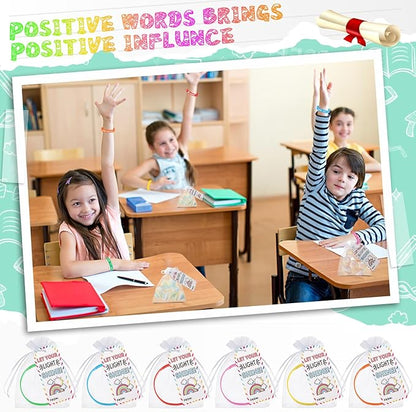 Liliful 72 Pcs Motivational Wristbands Gifts Set for Students, Back to School Gifts Colored Inspirational Silicone Bracelets with Inspirational Cards Organza Bags Classroom Goodie Bag Fillers