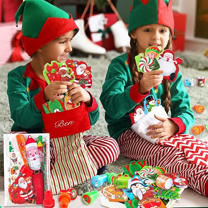 BenLouis Christmas School Stationery Set Party Favors Xmas Classroom Gift Prizes Bulk for Students Kids Holiday Stockings Pinata Filler Christmas School Goodie Bag Stuffers Decor（12set Christmas）