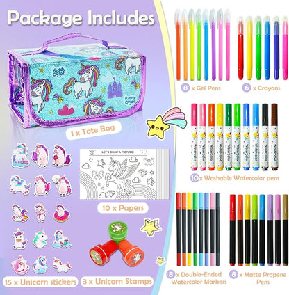 KIDDYCOLOR Unicorn Washable Markers Set 69 pcs with Glitter Pencil Case - Arts and Crafts Coloring Kit for Kids Ages 4-8, Includes Unicorn Stickers - Perfect Gifts for Girls