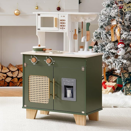 ROBOTIME Play Kitchen with Pretend Ice Cube Dispenser for Toddler, Wooden Kids Kitchen Play Set, Toy Kitchen Set for Kids Age 3 4 5 6 7 (Vintage Green)