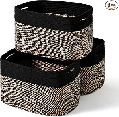 ICERZCZ Storage Baskets for Organizing Shelves, Toy Basket for Kid's Room, Woven Cotton Rope Basket for Decor, Organizing Baskets for Bedroom Living Room, 15"x11"x9.5", 3 Packs, Black & Jute