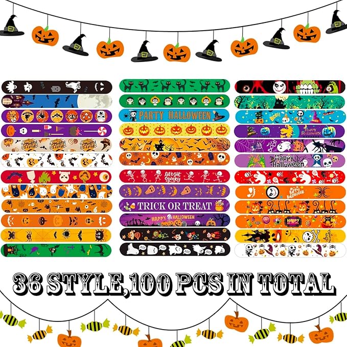 Halloween Slap Bracelet,100Pcs Slap Bracelet Wristbands with Spider Pumpkin Ghost Zombie Bat Witches Design Snap Bracelet for Kids Party Favors Toys Prizes Goodie Bags Fillers