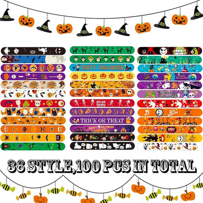 Halloween Slap Bracelet,100Pcs Slap Bracelet Wristbands with Spider Pumpkin Ghost Zombie Bat Witches Design Snap Bracelet for Kids Party Favors Toys Prizes Goodie Bags Fillers