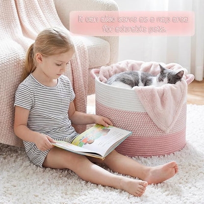 Artfeel 40L Large Cotton Rope Basket, Decorative Woven Blanket Storage for Living Room, Boho Toy Storage & Toy Box for Kids, Versatile Laundry Basket & Nursery Hamper for Blankets(Pink)