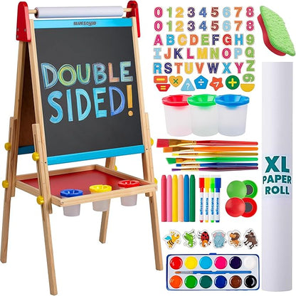 Blue Squid Art Easel for Kids - Dual-Sided Adjustable Wooden Painting Easels, Gift for Toddlers and Kid - with Magnetic Chalk Board, White Board & Paper Roll, (Multicolor +100 Accessories, Premium)