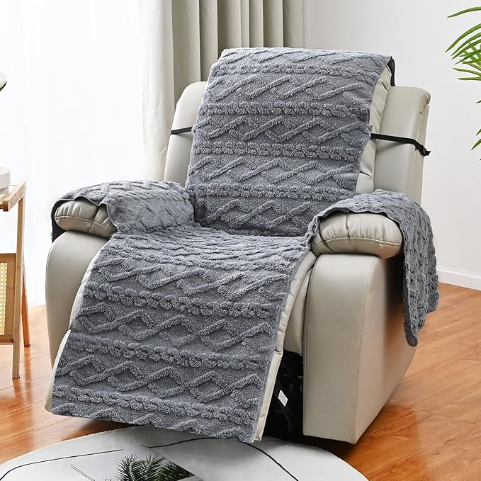 vctops Geometric Jacquard Plush Recliner Chair Cover Soft Fuzzy Fluffy Reclining Chair/Furniture Protector with Elastic Straps for Kids, Pets(Grey,21.7")