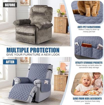 TAOCOCO 100% Waterproof Recliner Covers, Recliner Sofa Covers with Leg Straps, Reversible Recliner Couch Cover for Reclining Chair, Washable Couch Protector for Pets Kids(1 Seater 28", Bluish Gray)