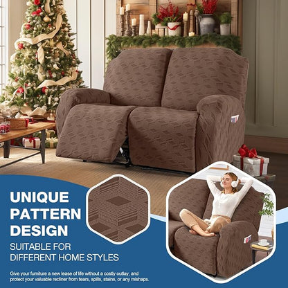 TAOCOCO Recliner Loveseat Cover, Stretch Jacquard Reclining Loveseat Cover Furniture Protector Sofa Slipcovers 2 Seat Recliner Covers with Elastic Bottom for Kids, Pets(Brown)