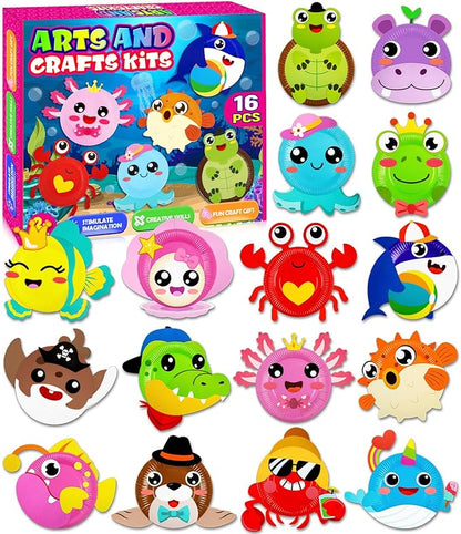 16 Pack Arts and Crafts for Kids, Toddler Crafts Animal Paper Plate Art Kit Gift for 3 4 5 6 Year Old Boys Girls DIY Kids Crafts for Birthday Party Favor Preschool Classroom Party Games
