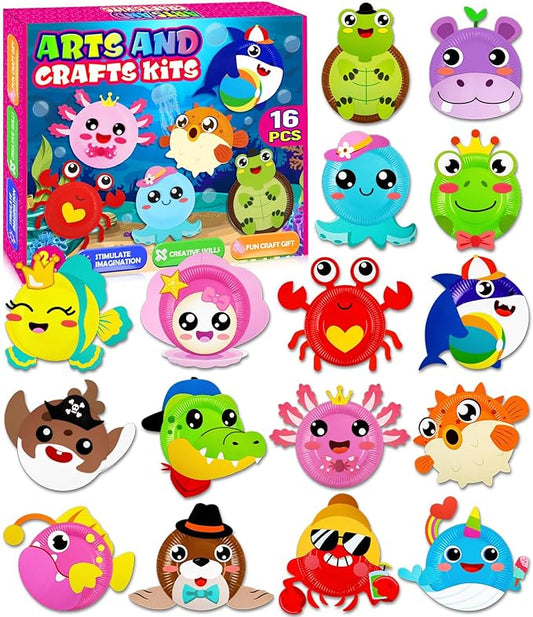 16 Pack Arts and Crafts for Kids, Toddler Crafts Animal Paper Plate Art Kit Gift for 3 4 5 6 Year Old Boys Girls DIY Kids Crafts for Birthday Party Favor Preschool Classroom Party Games