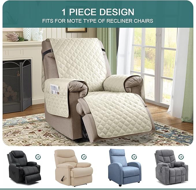 Ruaozz 100% Waterproof Recliner Chair Cover Non-Slip Reclining Cover for Recliner Chair Washable Chair Seat Cover with Elastic Straps for Kids, Dogs, Pets (Ivory, 23'')