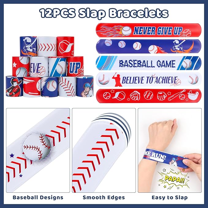 ANPHILE Baseball Party Favors, Baseball Birthday Party Supplies with Goodie Bags Slap Bracelets Stickers Mini Bouncy Balls Toy for Goodie Bag Stuffers,Classroom Prize