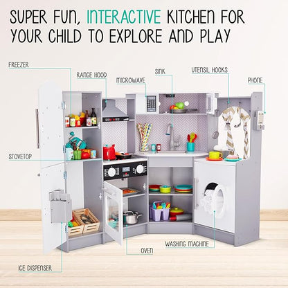 Lil' Jumbl Kids Corner Kitchen Set, Pretend Wooden Deluxe Play Kitchen, Battery Operated Icemaker, Stovetop & Faucet with Realistic Sound - Grey