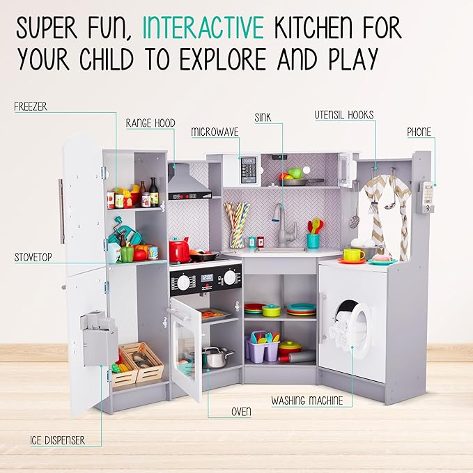 Lil' Jumbl Kids Corner Kitchen Set, Pretend Wooden Deluxe Play Kitchen, Battery Operated Icemaker, Stovetop & Faucet with Realistic Sound - Grey