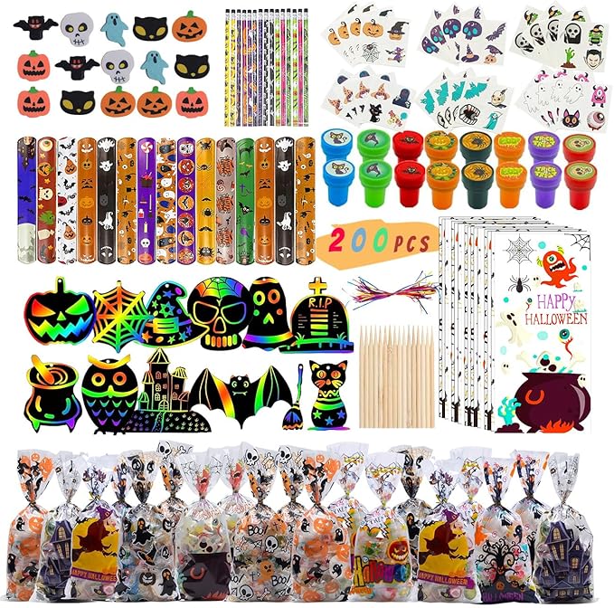 200 PCS Halloween Goodie Bag Fillers Stationery Set, Assorted Halloween Party Favors for Kids, Kids Halloween Toys Bulk Non Candy Halloween Treats Pencils, Eraser, Stamps, Slap Bracelets