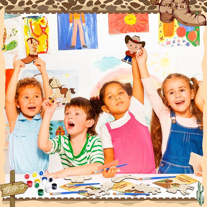 Saypacck 24 Pcs Western Cowboy Party Favors Wooden Painting Craft Kits Birthday Party Supplies with Organza Bag for Goodie Bags Fillers Adult Thank You Gifts