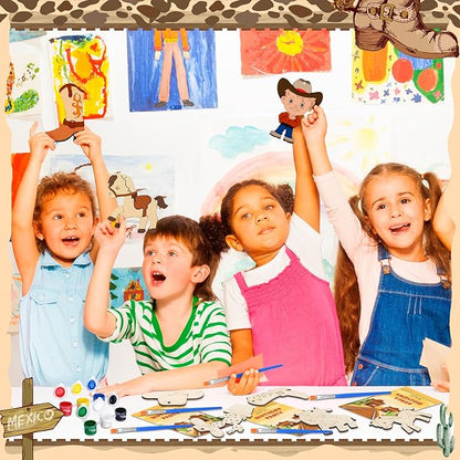Saypacck 24 Pcs Western Cowboy Party Favors Wooden Painting Craft Kits Birthday Party Supplies with Organza Bag for Goodie Bags Fillers Adult Thank You Gifts