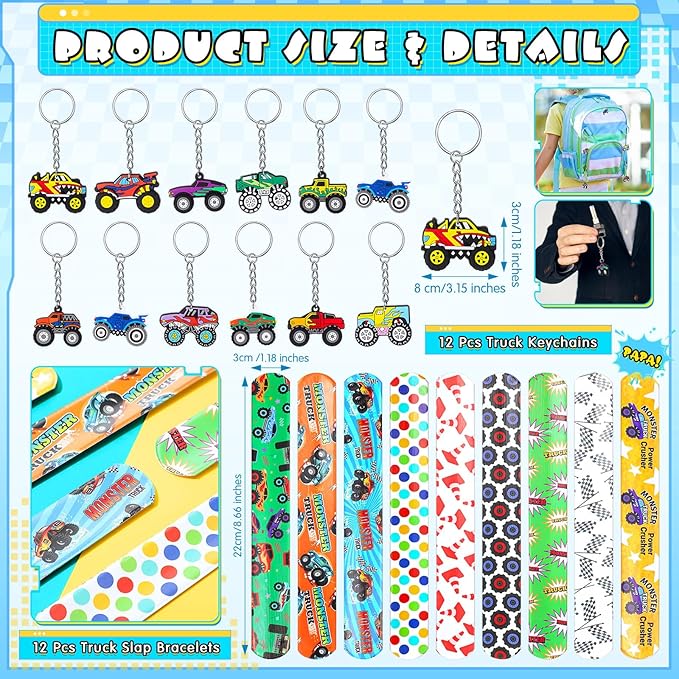 120 Pcs Truck Party Favors Set Include 12 Truck Bubble Wands 12 Slap Bracelets 12 Keychain 12 Truck Gift Bag 12 Truck Stickers 12 Drinking Straw 50 Stickers for Truck Birthday Party Favors