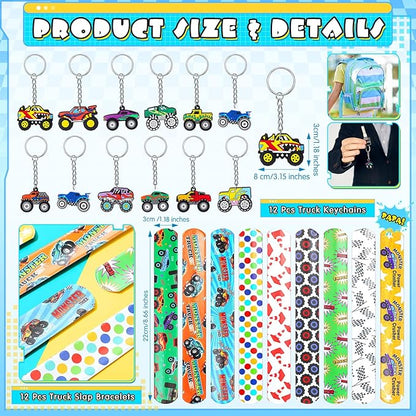 120 Pcs Truck Party Favors Set Include 12 Truck Bubble Wands 12 Slap Bracelets 12 Keychain 12 Truck Gift Bag 12 Truck Stickers 12 Drinking Straw 50 Stickers for Truck Birthday Party Favors