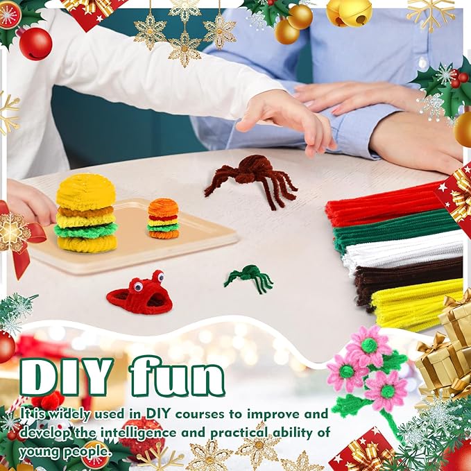 LOKUNN Pipe Cleaners, 200 Pcs Dark Green Pipe Cleaners Craft Set, Solid Color Chenille Stems, DIY Arts and Crafts with Adhesive Eyes and Storage Box, Christmas Halloween Decoration Art Supplies