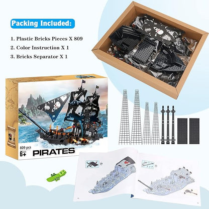 BRICK STORY 809-Piece Black Pirate Ship Building Set with Mini Figures for Kids Age 8+