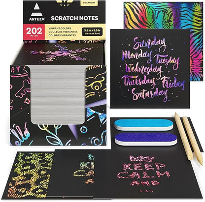 ARTEZA Scratch Paper, Set of 202 Notes, 3.5 x 3.5 Inches, 200 Holographic and 2 Gold-Foil Star Backgrounds