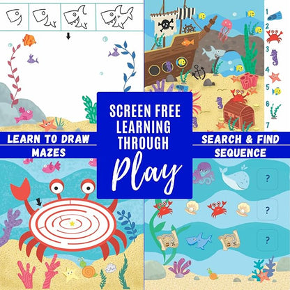 Kids Small Size Travel Educational Activity Book with Washable Markers (7"x7") - Car and Airplane Activities, Learning Toys for Toddlers - Search and Find, Reusable Stickers for Ages 4, 5, 6 (Ocean)