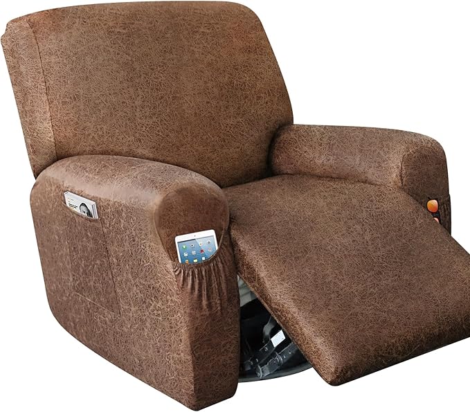 Like Leather Recliner Chair Covers, 4 Pieces Lazy Boy Recliner Cover That Stay in Place, Soft Stretch Leather Grain Covers for Recliner Covers for Large Recliner Slipcover (Light Brown 1)