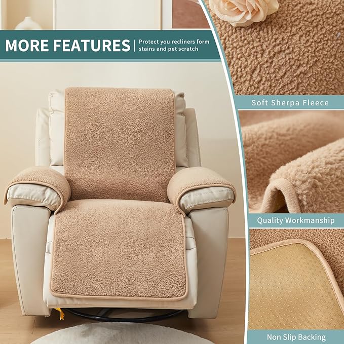 vctops Sherpa Fleece Recliner Chair Cover Super Soft Warm Plush Sofa Slipcover Furniture Protector Non Slip Washable Reclining Chair Cover for Kids, Pets (Camel,22"x82")