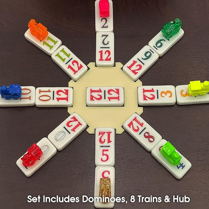 Double 12 Mexican Train Number Dominoes to Go Travel Size with Zip Up Case, Hub & 8 Domino Trains