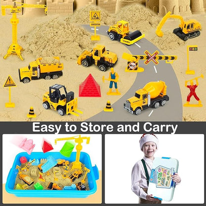 Construction Sensory Bin, Kids Play Sand Art Kit Sandbox with 2.2lbs Magic Sand, Molds, Shovel, 6Pcs Diecast Construction Trucks Toys, Crane, Sensory Sandbox with Cover for Boys Toddlers Age 3-8