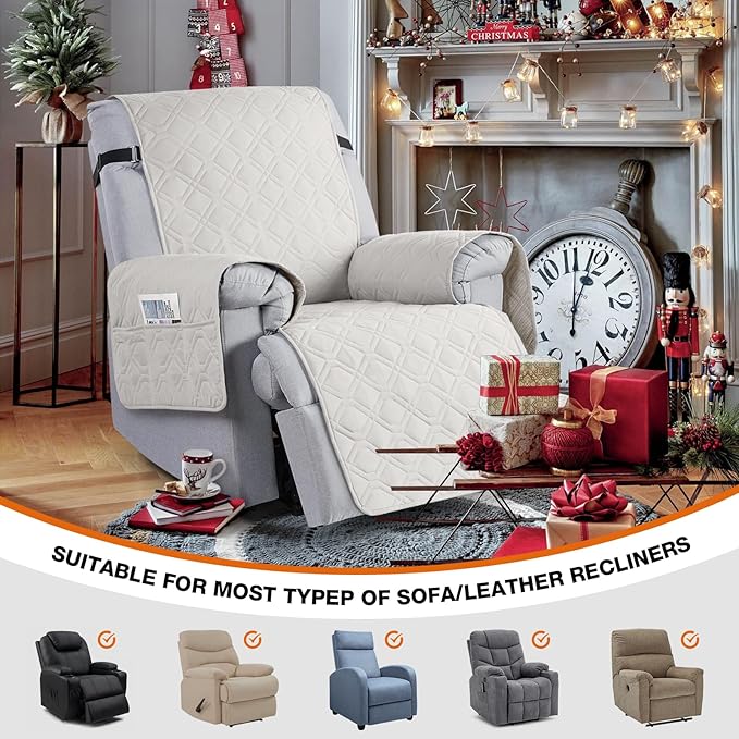 VANSOFY 100% Waterproof Recliner Chair Covers, Recliner Cover Non-Slip Dog Chair Cover Furniture Protector Washable Slipcover with Pocket, Elastic Straps for Pets, Dogs(Off White, 30")
