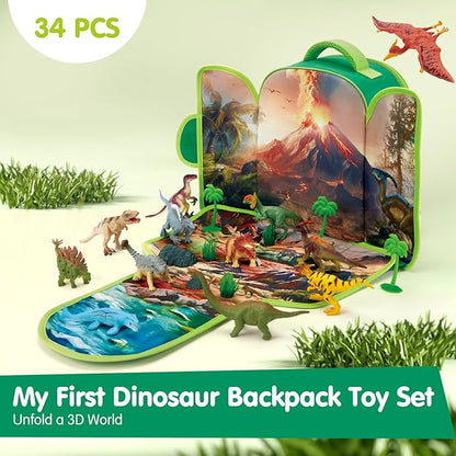 COCO&Friends Dinosaur Toys for Kids 3-5 - Portable Dinosaur Backpack Play Set with Foldable 3D Mat, Pretend Play Toy for 4 Year Old Boy Birthday Gift - Travel Outdoor Beach Toys for Kids Ages 4-8