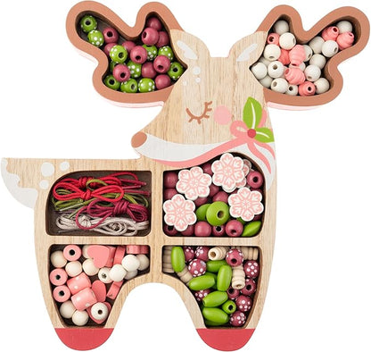 Stephen Joseph, Wooden Holiday Bead Kit for Kids, 125 Wooden Beads with 4 Necklace and 4 Bracelet Cords with Reusable Wooden Tray, Premium Wood Jewelry Making Kit for Kids, Reindeer