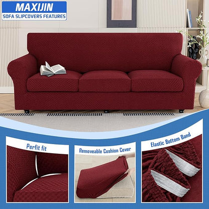 MAXIJIN 4 Piece Couch Covers for 3 Cushion Couch Super Stretch Non Slip Couch Cover for Dogs Pet Friendly Elastic Jacquard Furniture Protector Sofa Slipcovers (Sofa, Wine Red)