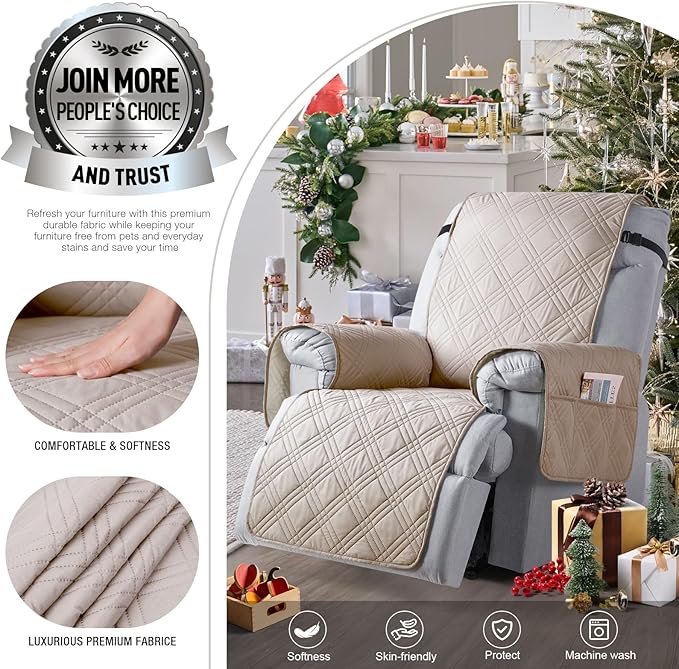 TAOCOCO 100% Waterproof Recliner Chair Cover, Non Slip Recliner Covers for Recliner Chair with Pocket, Washable Reclining Chair Cover Furniture Protector for Kids, Pets(Recliner Chair, Cream)