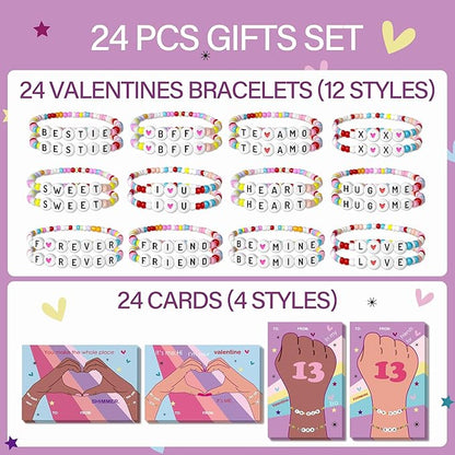 Valentines Day Cards for Kids School - 28 Pack Valentines Bracelets for Kids, Friendship Valentines Cards, Valentines Day Gift for Girls, School Classroom Valentines Day Exchange Gift