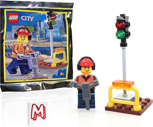 LEGO City Minifigure - Construction Worker/Builder ‍with (Traffic Light and Jackhammer) Foil Pack